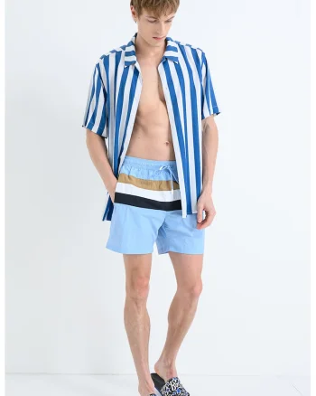 Pantaloni scurti de baie cu snur in talie si model in dungi Louis, Albastru pastel/Negru