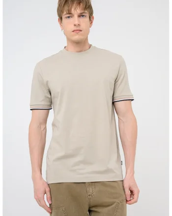 Tricou de bumbac cu mansete contrastante, Maro camel