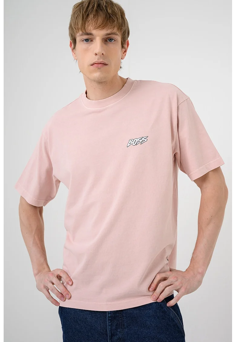 Tricou cu logo si decolteu la baza gatului Surfwash, Roz prafuit