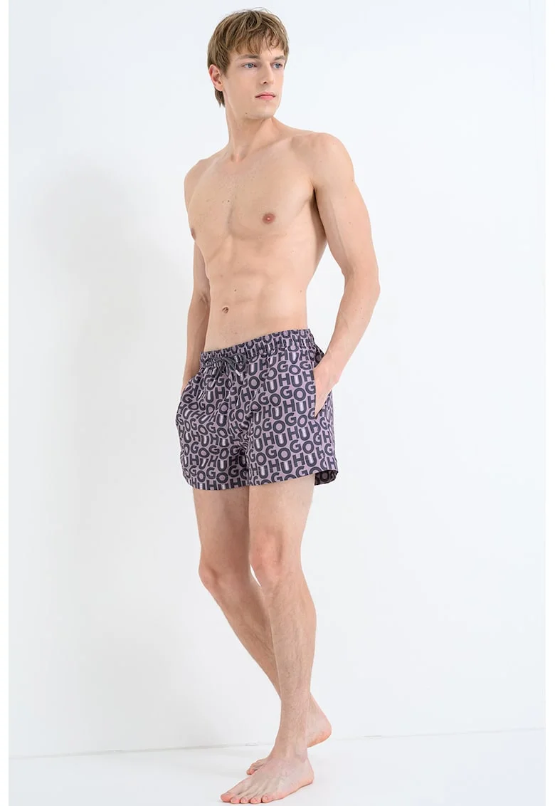 Pantaloni scurti de baie cu model logo si talie ajustabila, Lila/Gri inchis