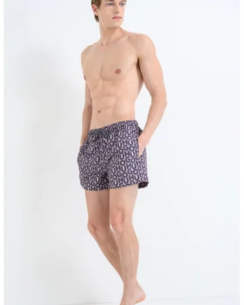 Pantaloni scurti de baie cu model logo si talie ajustabila, Lila/Gri inchis
