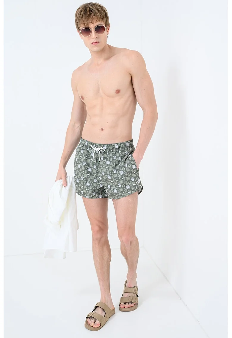 Pantaloni scurti de baie cu model si buzunare Cala, Alb/Verde stins