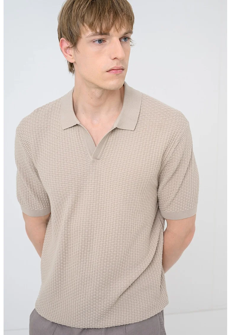 Tricou polo tricotat cu aspect texturat Natalo, Maro taupe deschis