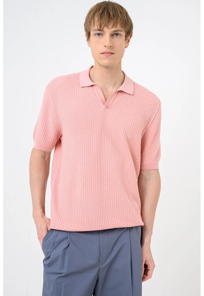 Tricou polo tricotat cu aspect texturat Natalo, Roz somon