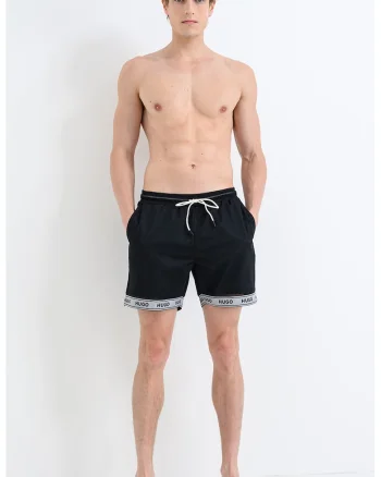 Pantaloni scurti de baie cu benzi logo elastice, Negru