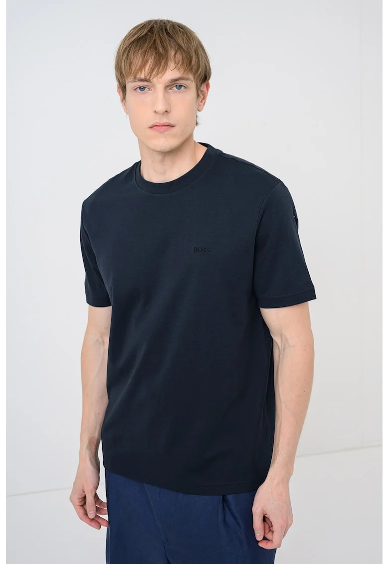Tricou cu decolteu la baza gatului si logo brodat Interlock, Albastru ultramarin
