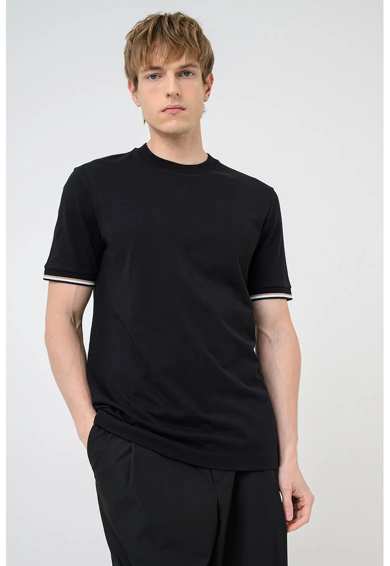 Tricou de bumbac cu mansete contrastante, Negru