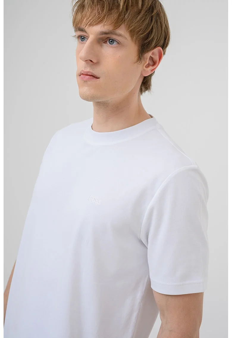 Tricou cu decolteu la baza gatului si logo brodat Interlock, Alb optic