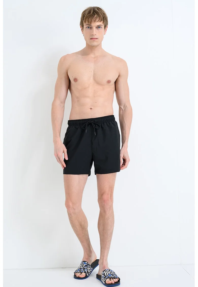 Pantaloni scurti de baie cu buzunare laterale si model uni Beachbar, Negru