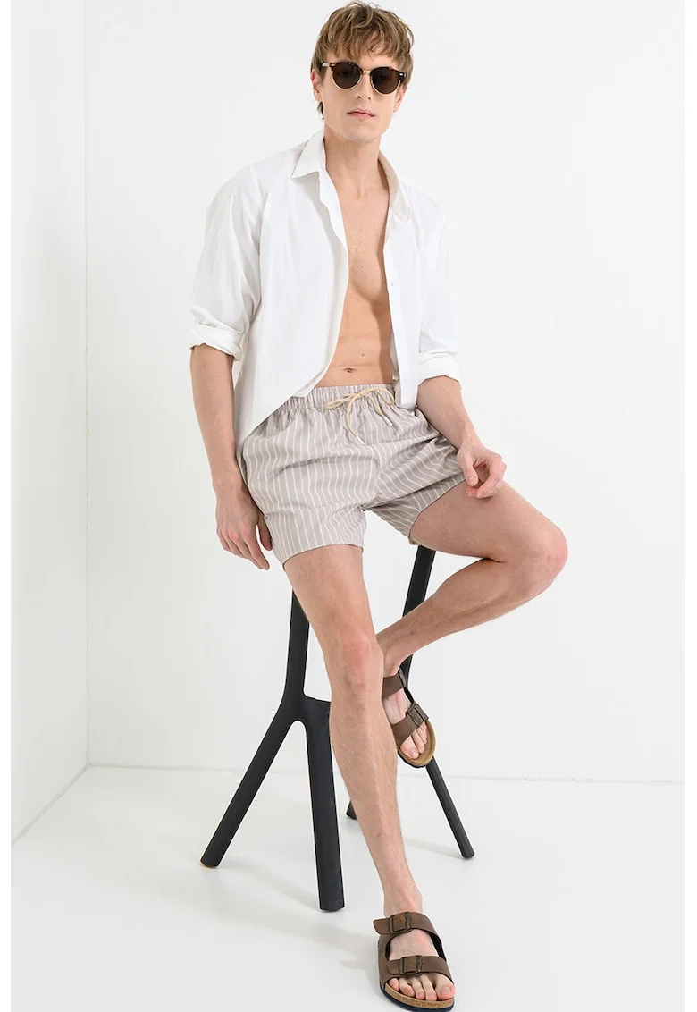 Pantaloni scurti de baie cu snur in talie, Alb/Bej inchis