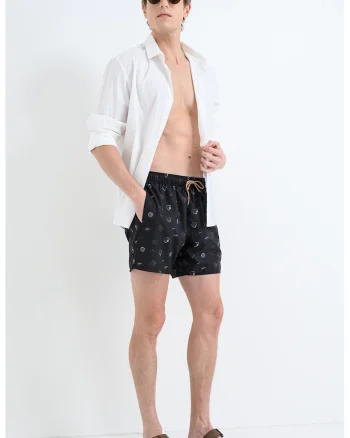 Pantaloni scurti de baie cu snur in talie, Negru