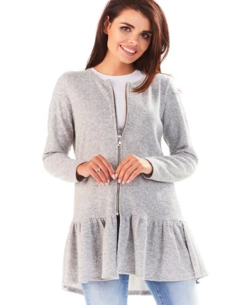 Cardigan Lung,  Gri, L-XL, Fermoar Practic, Volan Elegant, Subtiaza Silueta, Protectie Frig, Aspect Sic, Confort Premium, Design Modern