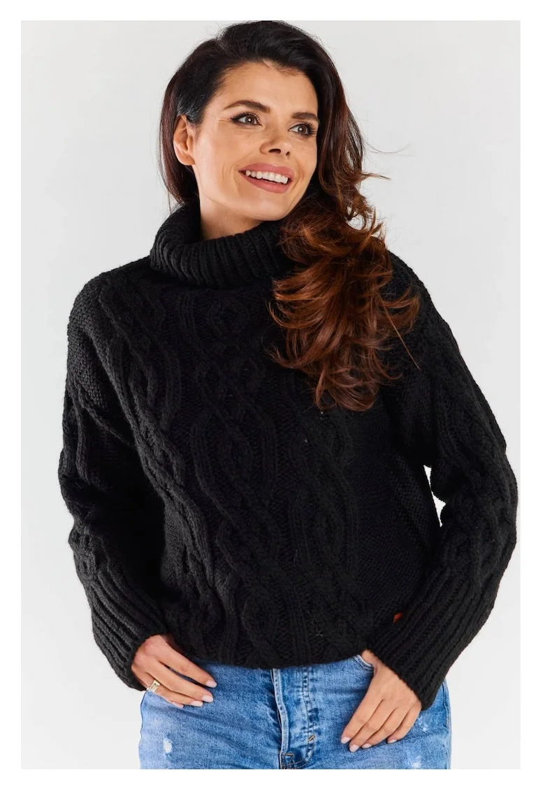 Pulover Calduros,  Negru, One Size, Guler Inalt, Model Impletit, Protectie Frig, Textura Moale, Confort Maxim, Stil Coz, Aspect Elegant