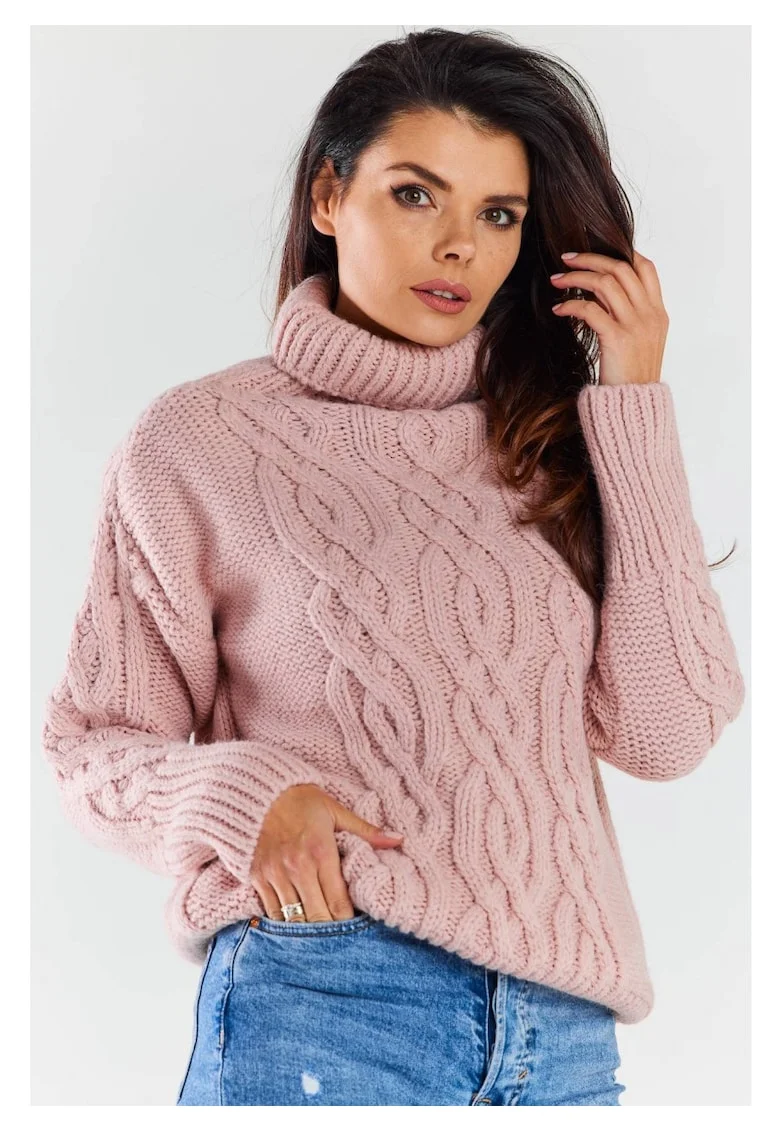 Pulover Calduros,  Roz, One Size, Guler Inalt, Model Impletit, Protectie Frig, Textura Moale, Confort Maxim, Stil Coz, Aspect Elegant