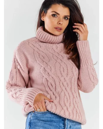 Pulover Calduros,  Roz, One Size, Guler Inalt, Model Impletit, Protectie Frig, Textura Moale, Confort Maxim, Stil Coz, Aspect Elegant
