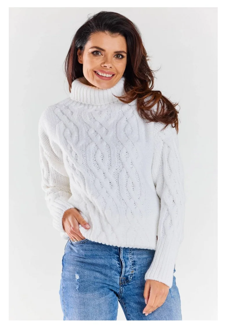 Pulover Calduros,  Alb, One Size, Guler Inalt, Model Impletit, Protectie Frig, Textura Moale, Confort Maxim, Stil Coz, Aspect Elegant