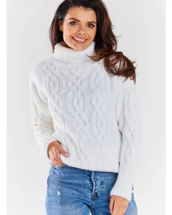 Pulover Calduros,  Alb, One Size, Guler Inalt, Model Impletit, Protectie Frig, Textura Moale, Confort Maxim, Stil Coz, Aspect Elegant