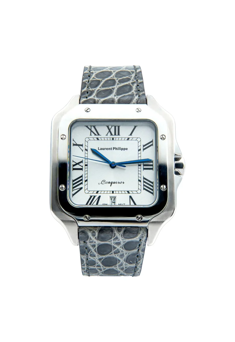 Ceas barbatesc  Conqueror Koh-I-Noor, cadran alb safir, curea piele de crocodil Platinum Veins, mecanism quartz, inox