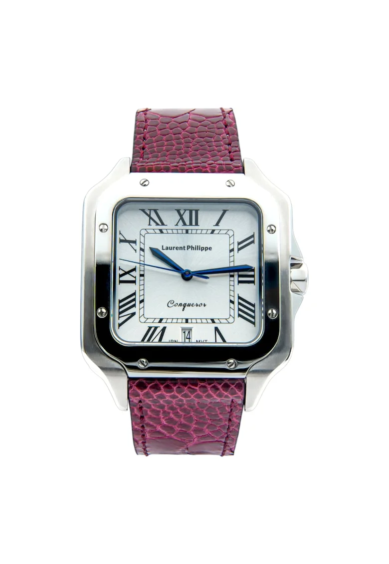 Ceas barbatesc  Conqueror Koh-I-Noor, cadran alb safir, curea piele de strut Dark Orchid, mecanism quartz, inox