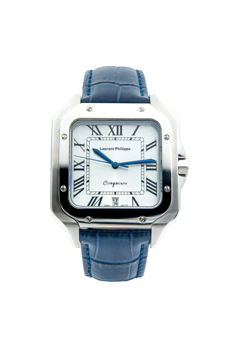 Ceas barbatesc  Conqueror Koh-I-Noor, cadran alb, curea piele naturala Bleu Déviant, mecanism quartz, inox