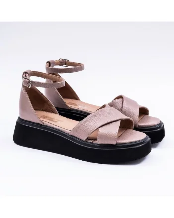 Sandale din piele granulata cu talpa wedge, Roz