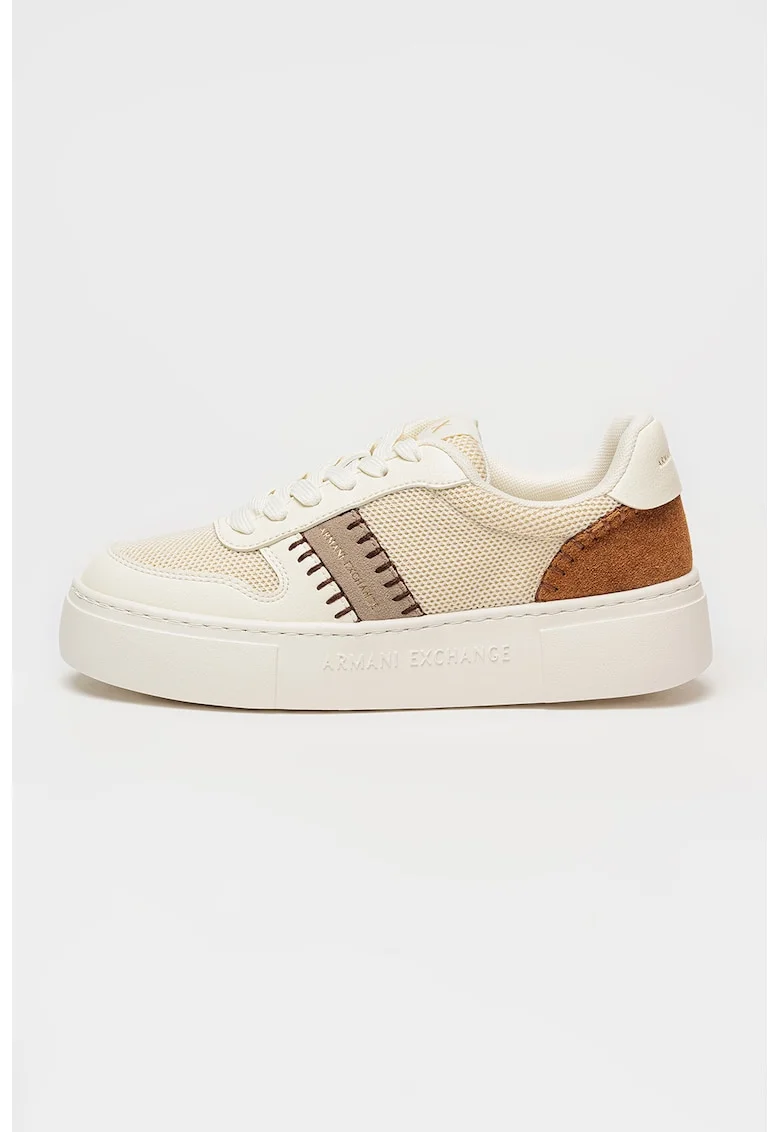 Pantofi sport din material textil cu garnituri de piele intoarsa ecologica, Maro inchis/Bej