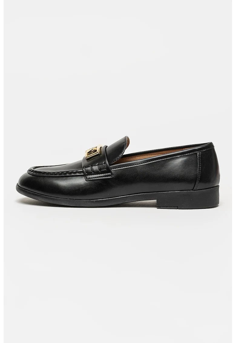 Pantofi loafer de piele ecologica cu logo metalic, Negru