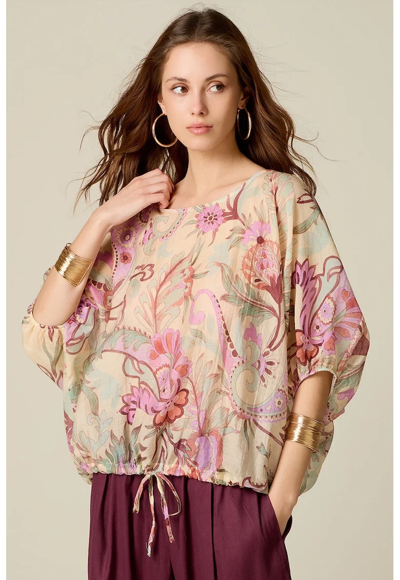 Bluza din amestec de lyocell cu imprimeu floral, Bej sampanie/Roz