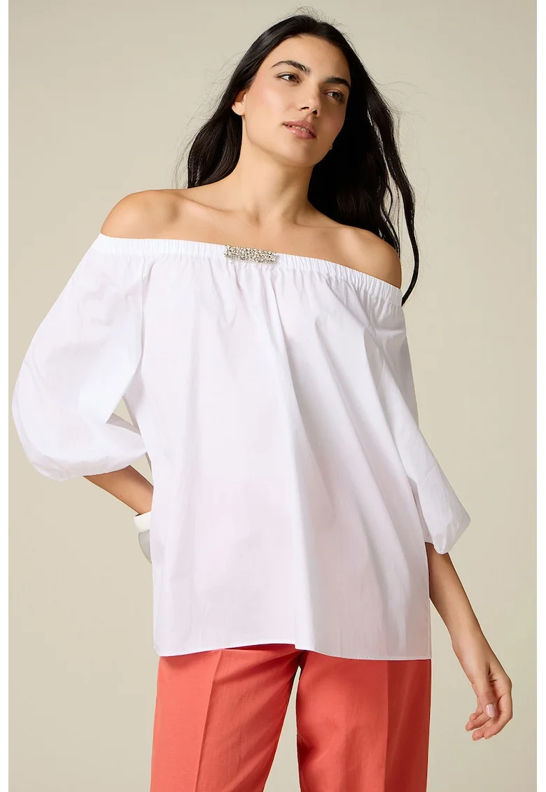 Bluza cu decolteu pe umeri si detaliu bijuterie, Alb optic