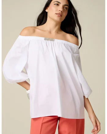 Bluza cu decolteu pe umeri si detaliu bijuterie, Alb optic