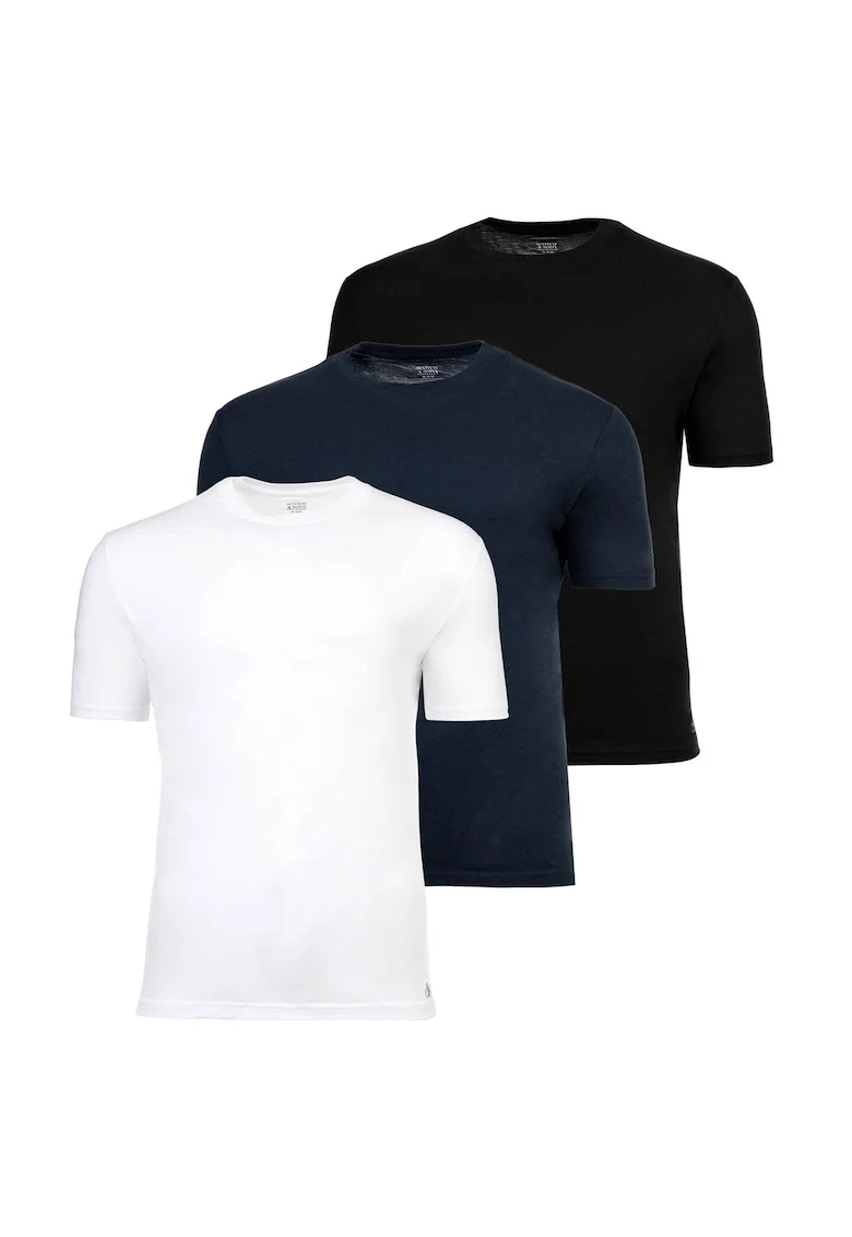 Set de tricouri din amestec de bumbac cu decolteu la baza gatului - 3 piese, Alb/Negru/Albastru