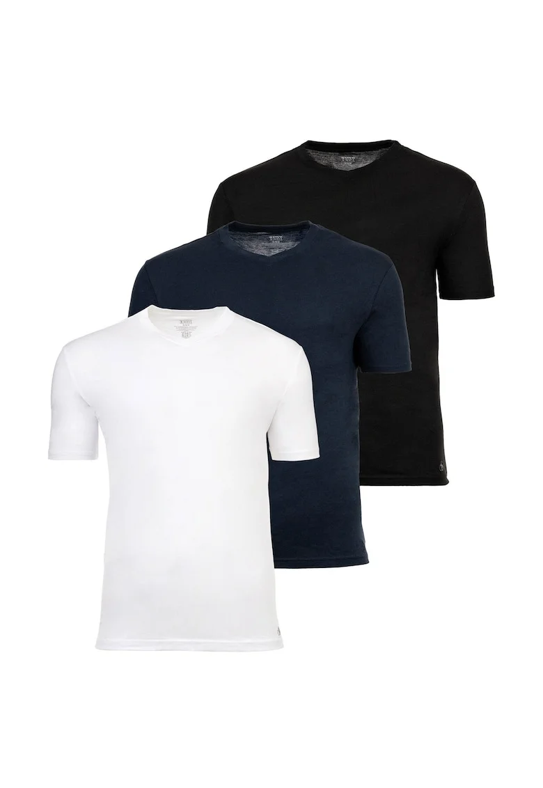 Set de tricouri uni cu decolteu la baza gatului - 3 piese, Alb/Negru/Albastru