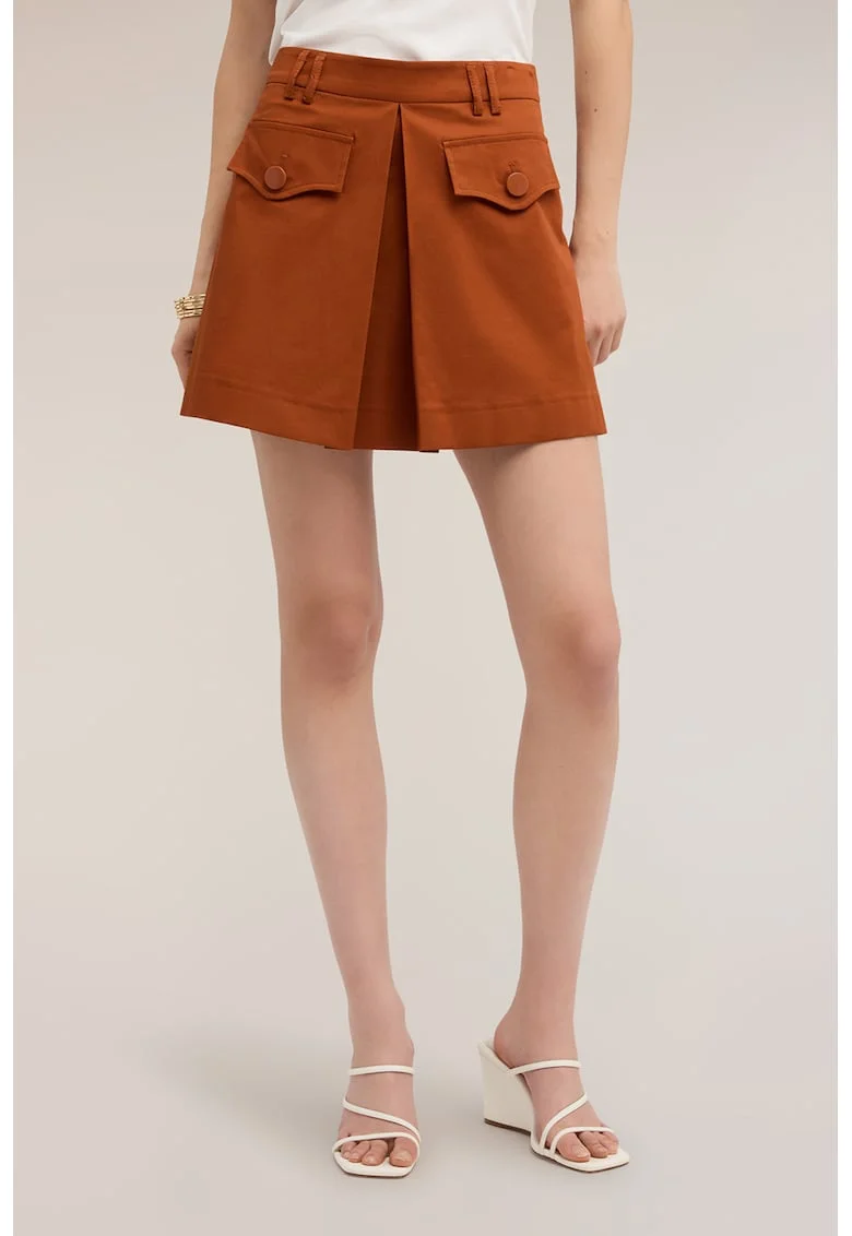 Fusta-pantalon scurta cu buzunare cu clapa, Maro Siena