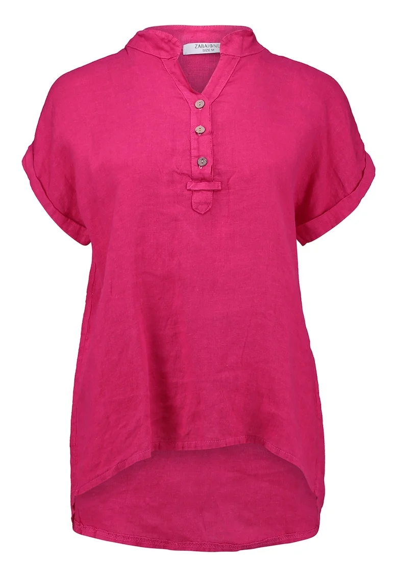Bluza din in cu decolteu tunica si maneci scurte, Fucsia