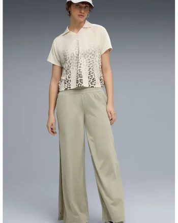 Pantaloni cu croiala ampla si garnituri laterale cu capse ESS, Bej deschis