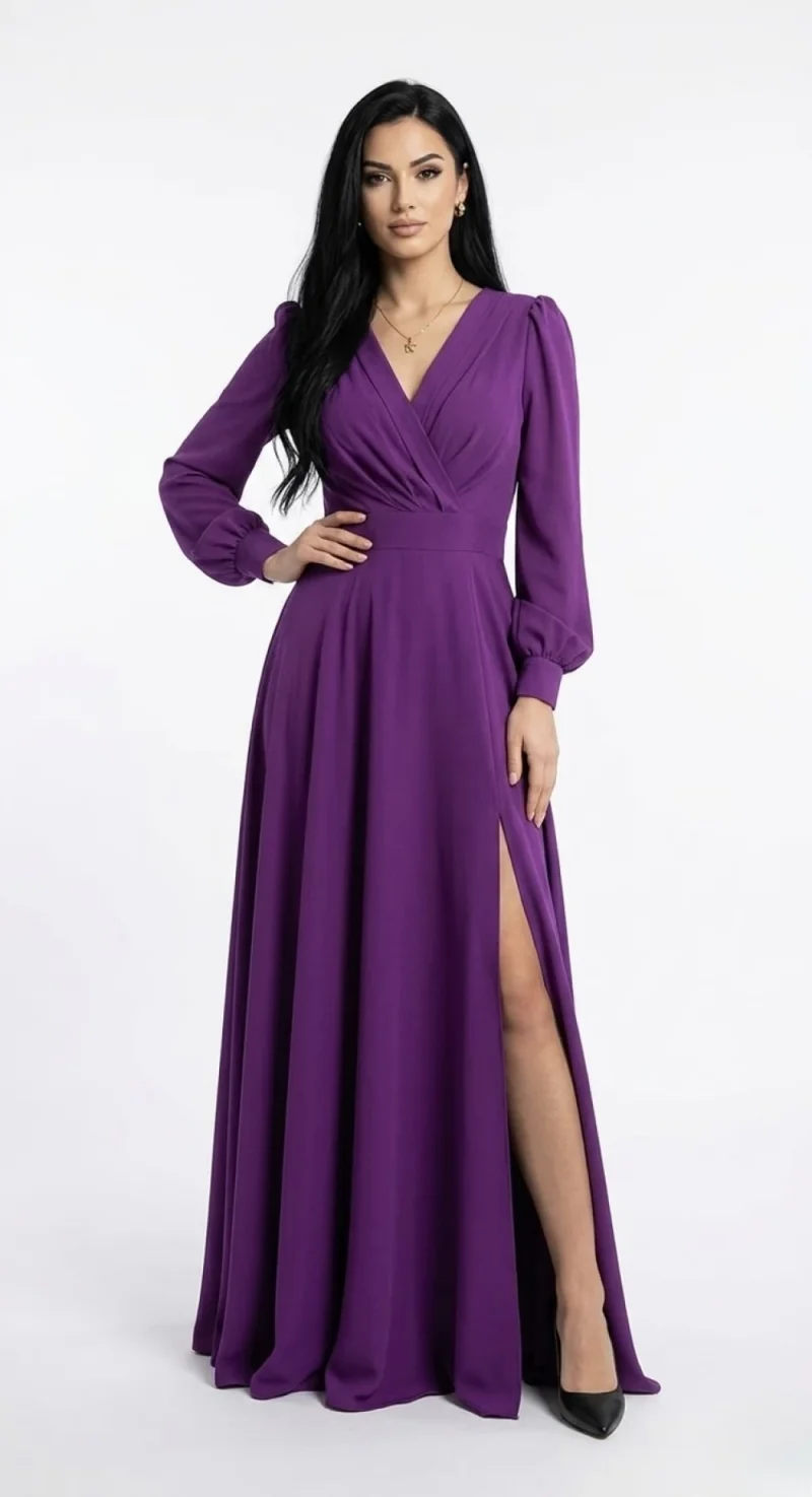 Rochie lunga de ocazie confectionata din material fluid cu partea superioara petrecuta si slit pe picior