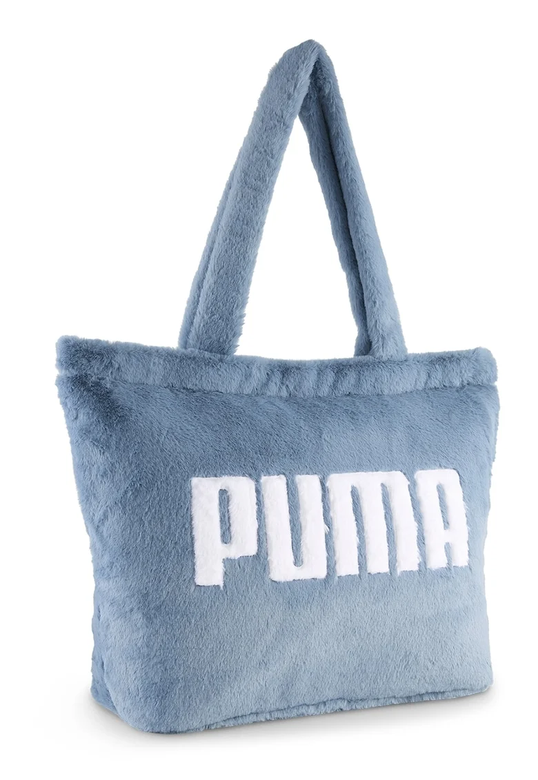 Geanta shopper cu blana sintetica, Alb/Albastru