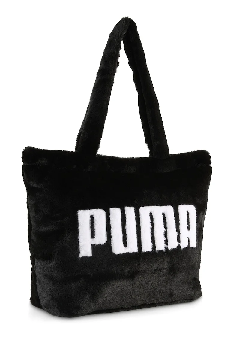 Geanta shopper cu blana sintetica, Alb/Negru