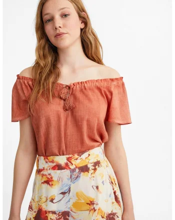 Bluza din bumbac cu decolteu pe umeri, Coral