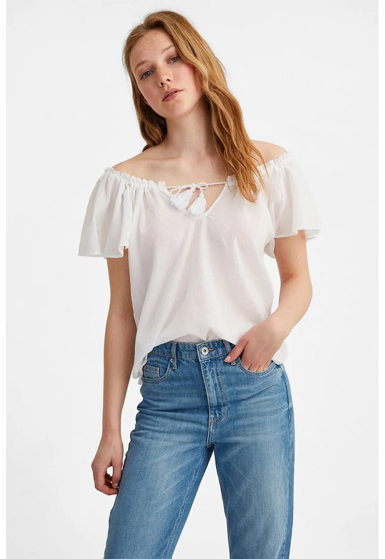 Bluza din bumbac cu decolteu pe umeri, Alb fildes