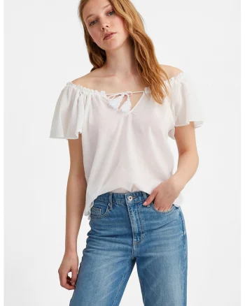 Bluza din bumbac cu decolteu pe umeri, Alb fildes