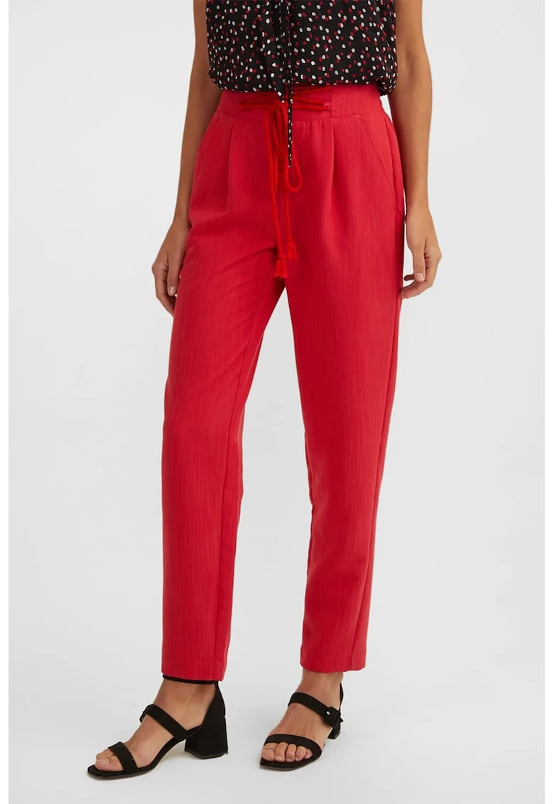 Pantaloni crop cu talie inalta si snur de ajustare, Coral