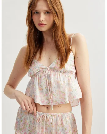 Top de pijama cu model floral, Verde/Roz