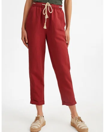 Pantaloni capri din amestec de in, Rosu inchis