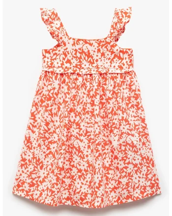 Rochie cu bretele cu volane si model floral, Alb/Portocaliu mandarina