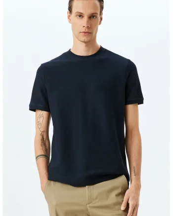Tricou cu decolteu la baza gatului, din bumbac, Albastru ultramarin