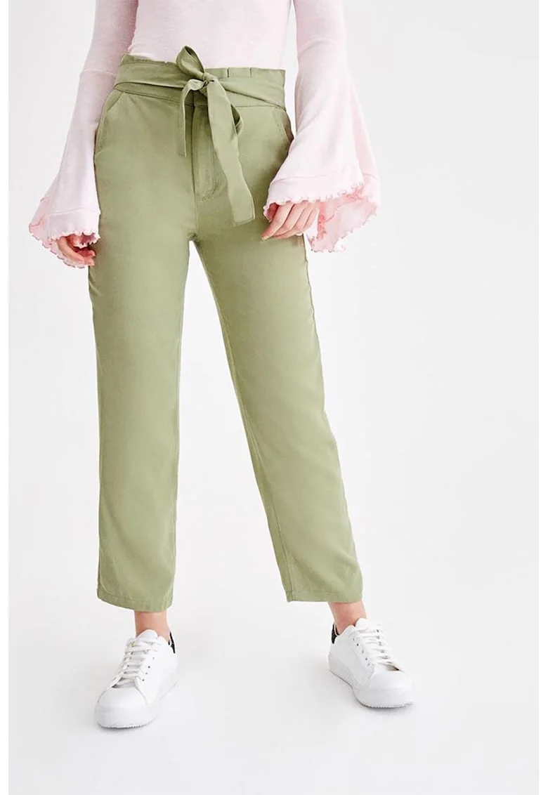 Pantaloni drepti din lyocell cu cordon in talie, Verde sparanghel