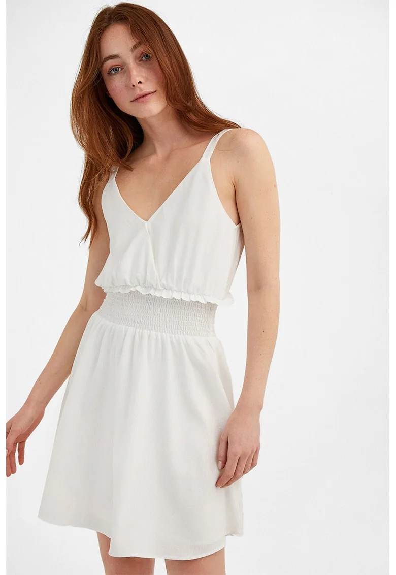 Rochie mini cu decolteu in V si insertie elastica in talie, Alb fildes