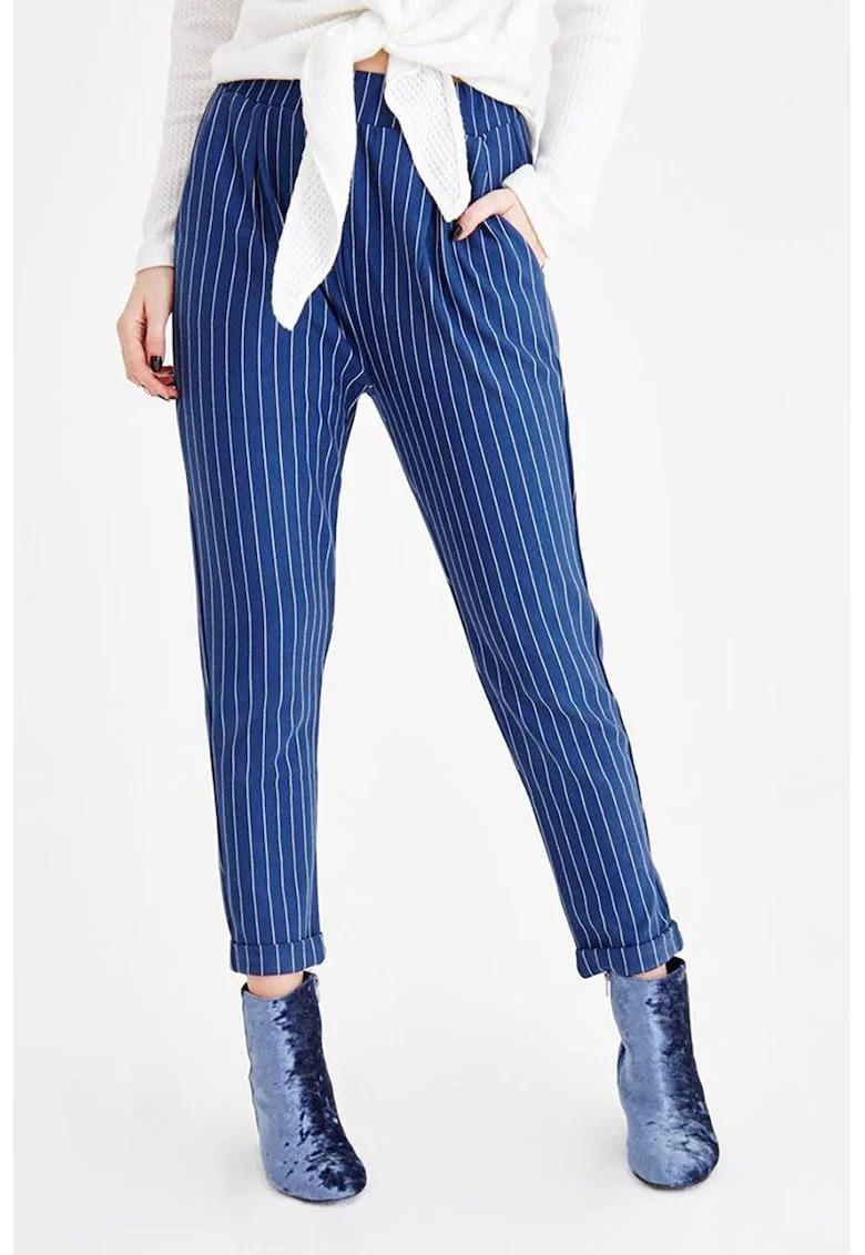 Pantaloni crop cu model in dungi si buzunare laterale, Alb/Albastru
