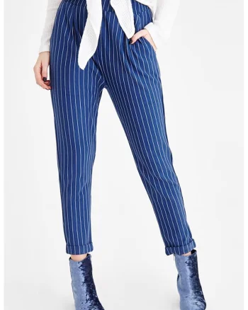 Pantaloni crop cu model in dungi si buzunare laterale, Alb/Albastru